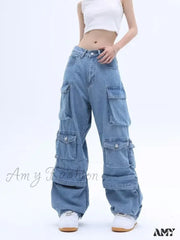 Amy Fashion - Multi-Pocket Washed Cargo New Heavy Industry Y2K Vintage Streetwear Loose Oversized