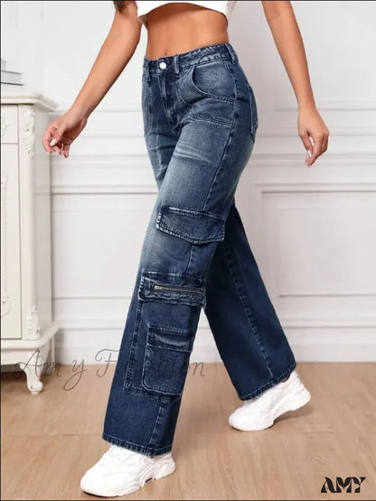 Amy Fashion - Multi Pocket Women’s High Waist Y2K Loose Cargo Denim Wide Leg Casual Clothing 2024