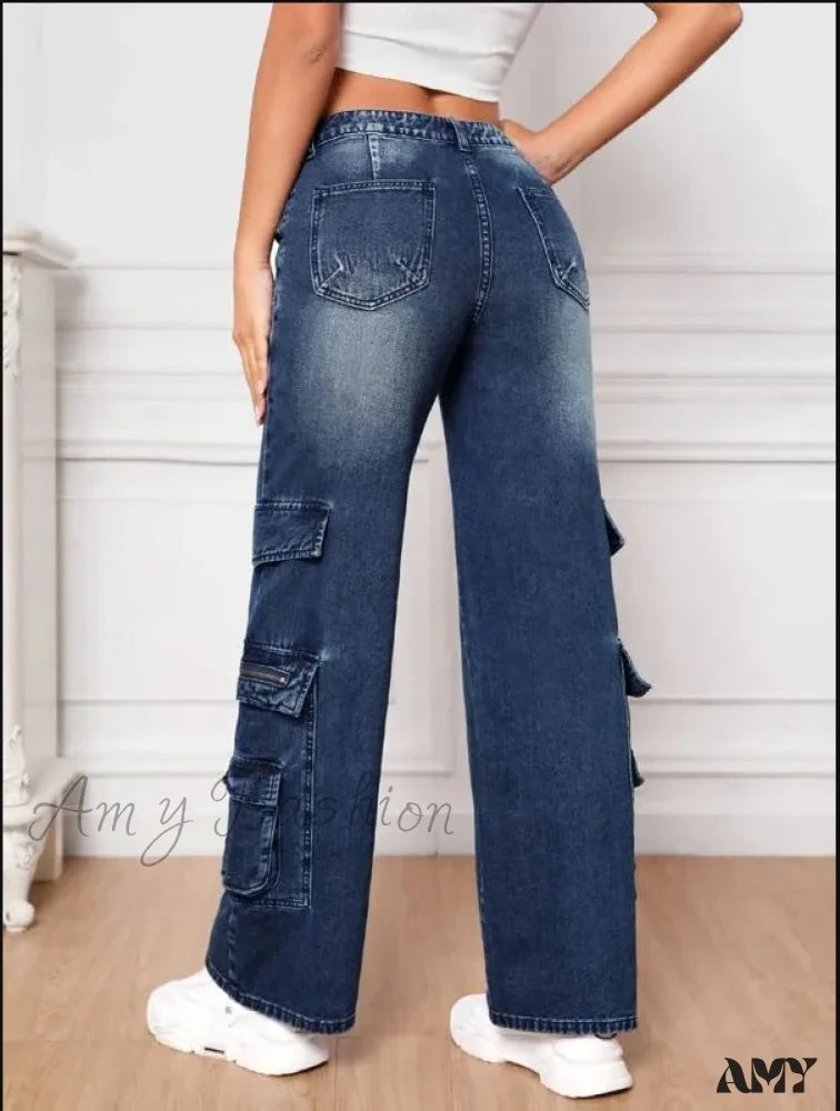 Amy Fashion - Multi Pocket Women’s High Waist Y2K Loose Cargo Denim Wide Leg Casual Clothing 2024