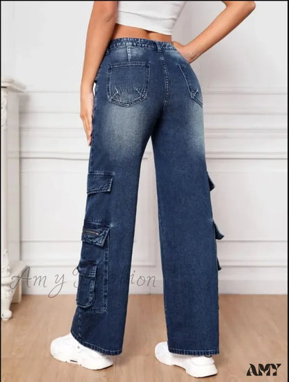 Amy Fashion - Multi Pocket Women’s High Waist Y2K Loose Cargo Denim Wide Leg Casual Clothing 2024