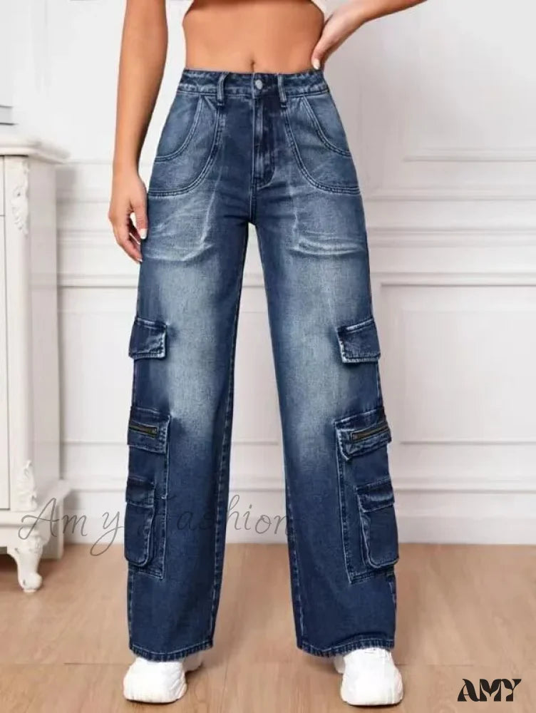 Amy Fashion - Multi Pocket Women’s High Waist Y2K Loose Cargo Denim Wide Leg Casual Clothing 2024