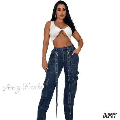 Amy Fashion - Multi Pockets Loose Straps High Waist Casual Cargo Autumn Winter Streetwear Denim Jean