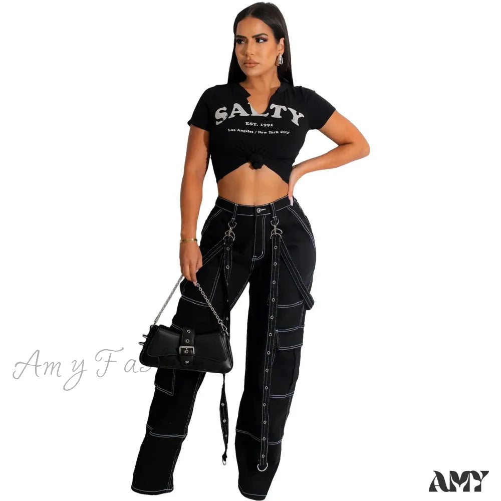 Amy Fashion - Multi Pockets Loose Straps High Waist Casual Cargo Autumn Winter Streetwear Denim Jean