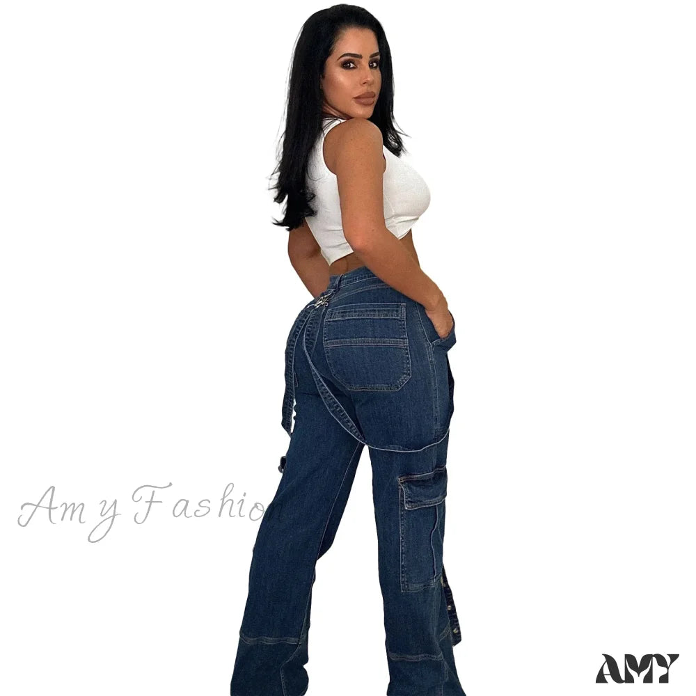 Amy Fashion - Multi Pockets Loose Straps High Waist Casual Cargo Autumn Winter Streetwear Denim Jean