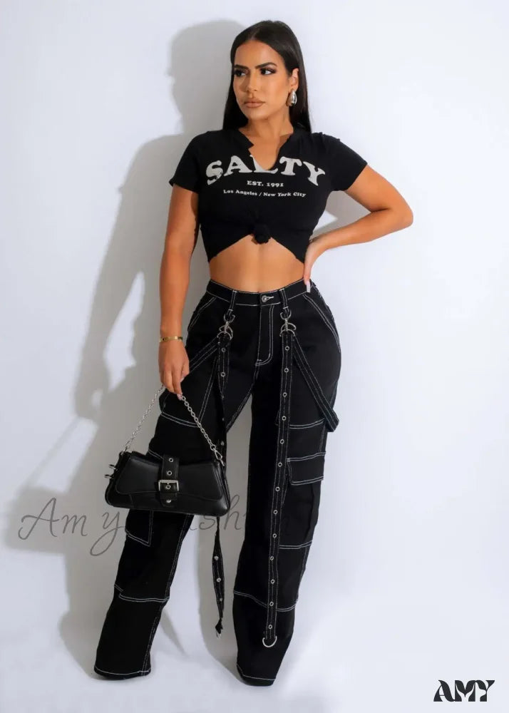 Amy Fashion - Multi Pockets Loose Straps High Waist Casual Cargo Autumn Winter Streetwear Denim