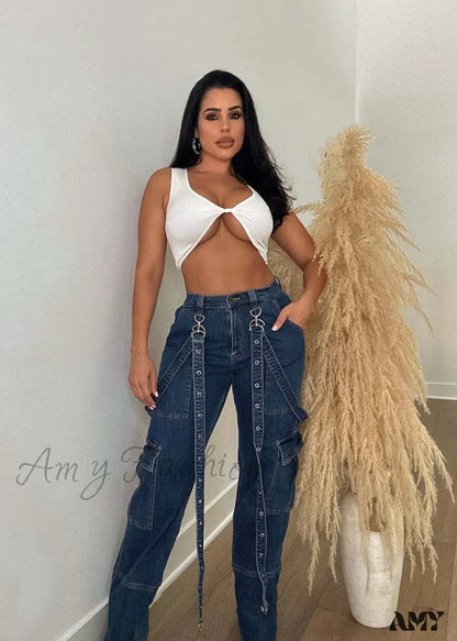 Amy Fashion - Multi Pockets Loose Straps High Waist Casual Cargo Autumn Winter Streetwear Denim