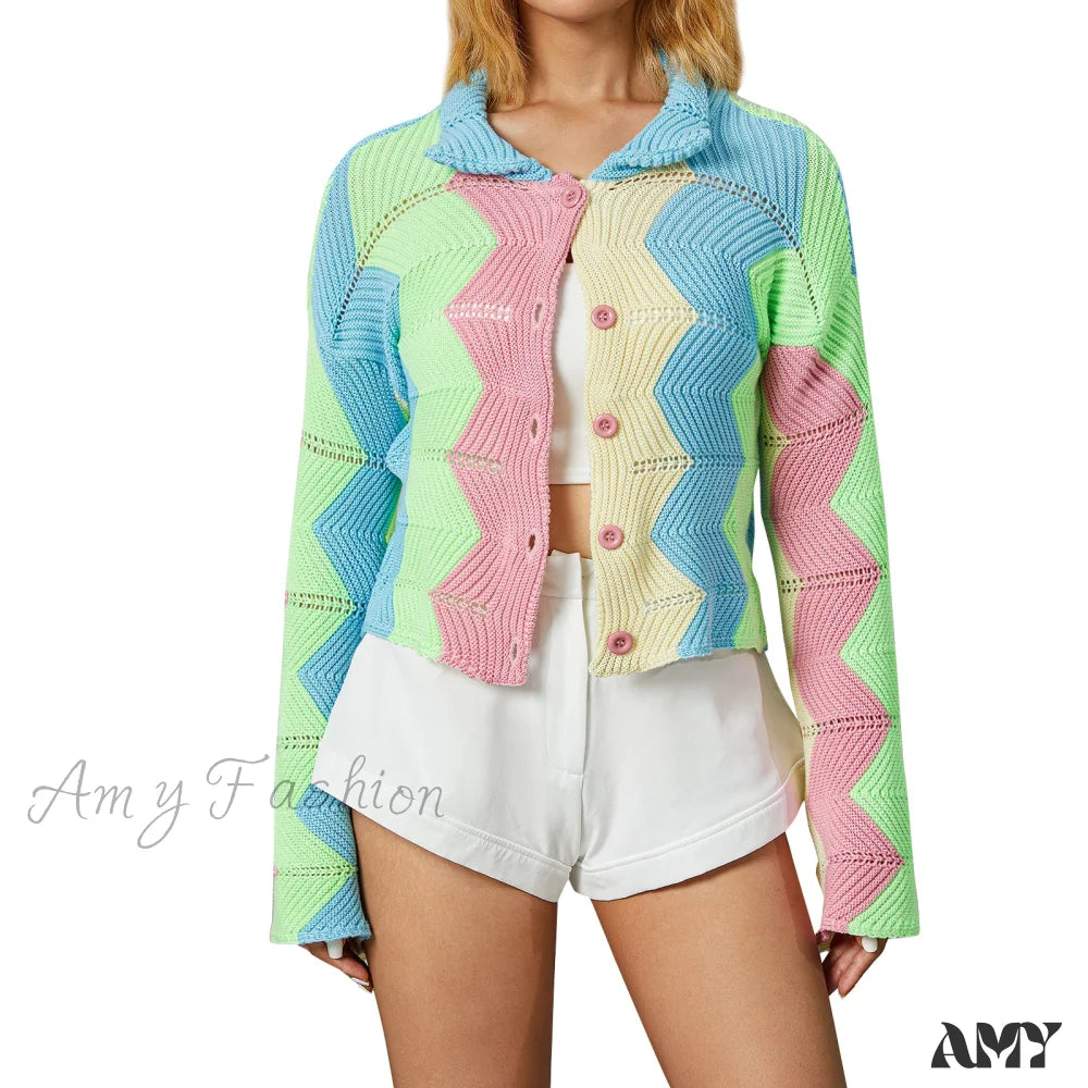 Amy Fashion - Multicolor Patchwork Sweet Girl Cardigan Blue / S