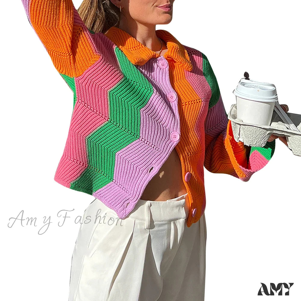 Amy Fashion - Multicolor Patchwork Sweet Girl Cardigan Orange / S