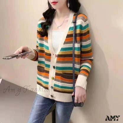 Amy Fashion - Multicolor Stripped Print Cardigan 01 Blue / S