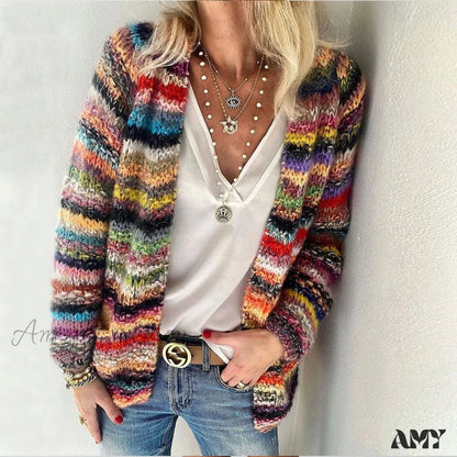 Amy Fashion - Multicolor Stripped Print Cardigan 01 Red / S