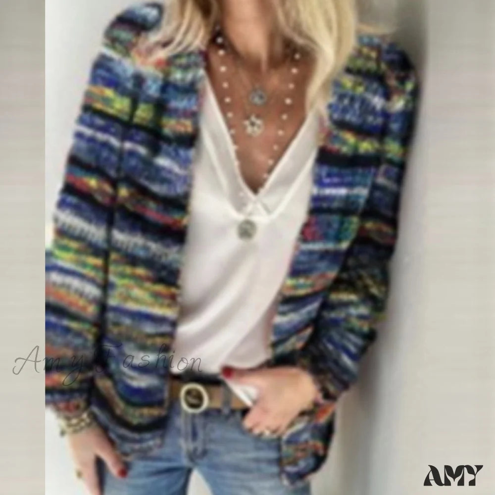 Amy Fashion - Multicolor Stripped Print Cardigan 02 Blue / S