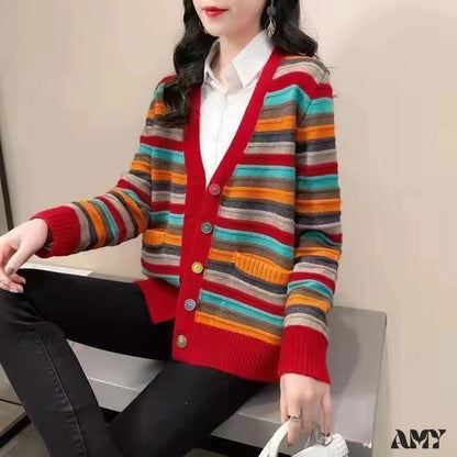 Amy Fashion - Multicolor Stripped Print Cardigan 02 Red / S