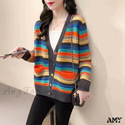 Amy Fashion - Multicolor Stripped Print Cardigan 03 Blue / S