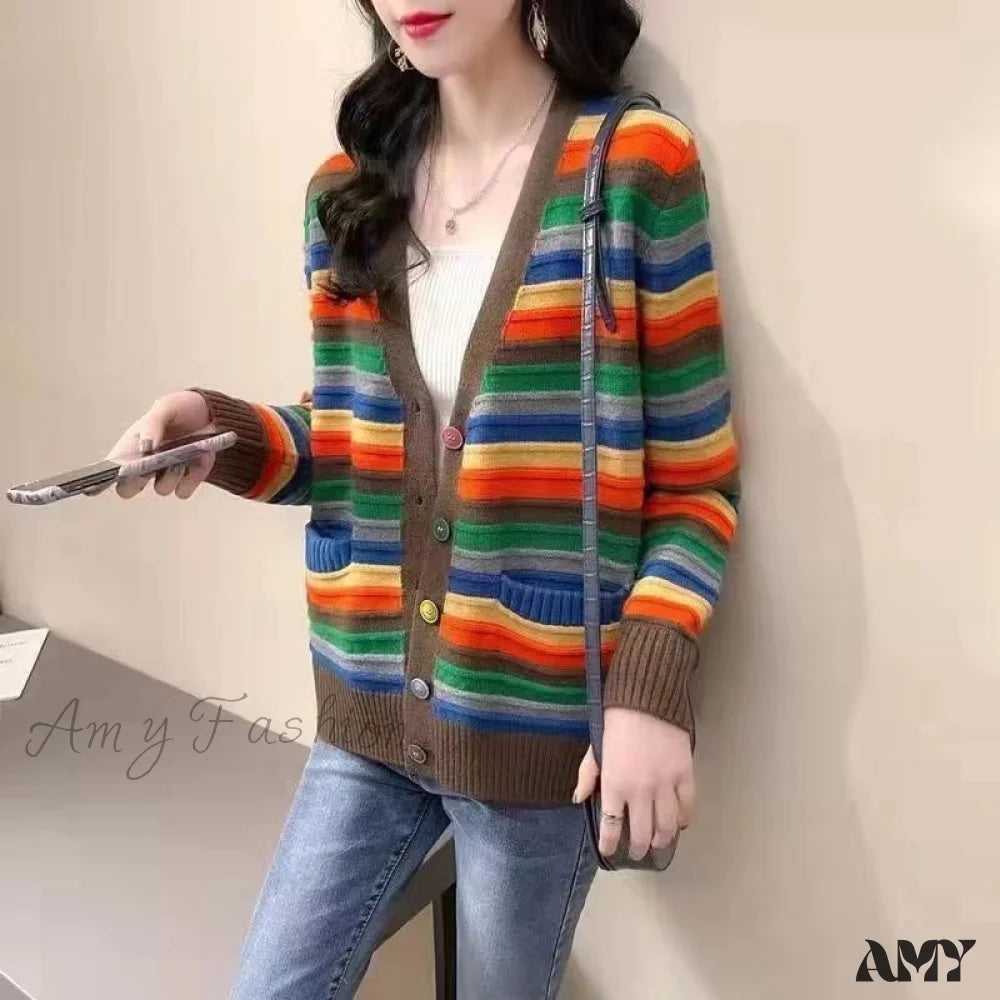 Amy Fashion - Multicolor Stripped Print Cardigan 03 Red / S