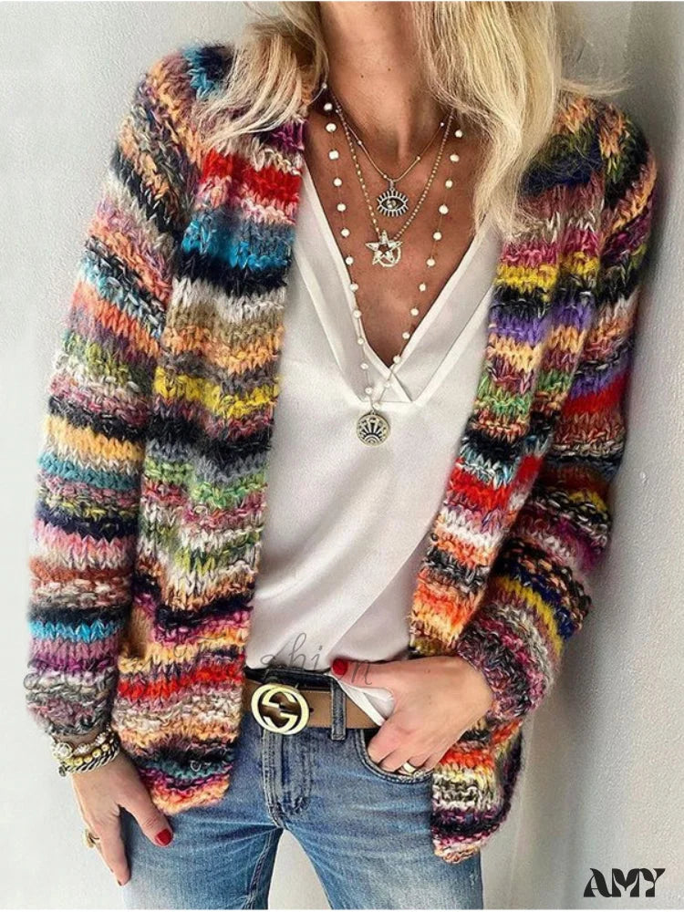 Amy Fashion - Multicolor Stripped Print Cardigan