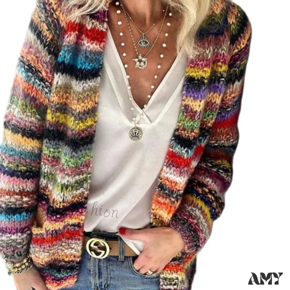 Amy Fashion - Multicolor Stripped Print Cardigan