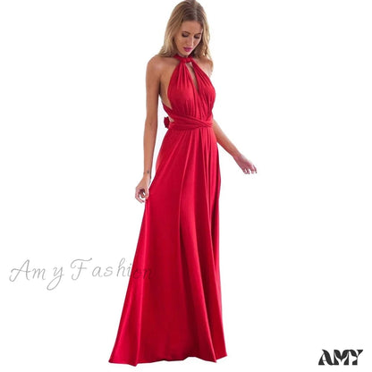 Amy Fashion - Multiway Wrap Convertible Boho Maxi Club Christmas Red Dress