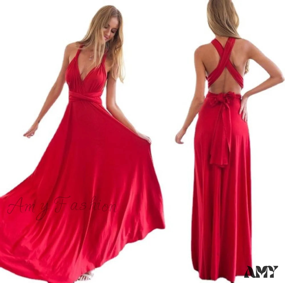 Amy Fashion - Multiway Wrap Convertible Boho Maxi Club Christmas Red Dress