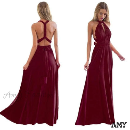 Amy Fashion - Multiway Wrap Convertible Boho Maxi Club Christmas Red Dress Burgundy / S