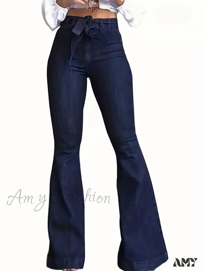 Amy Fashion - Navy Blue Flared Autumn High-Stretch With Waistband Bell Bottom Wide Legs Denim Jean