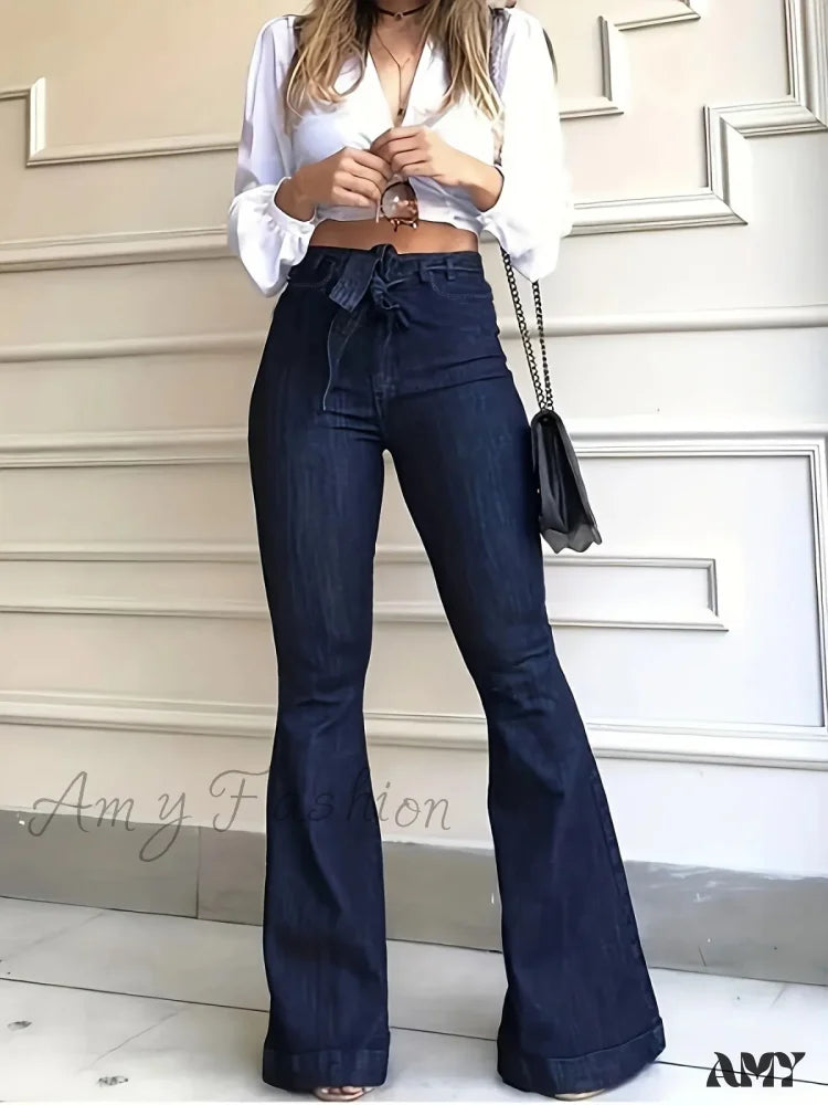 Amy Fashion - Navy Blue Flared Autumn High-Stretch With Waistband Bell Bottom Wide Legs Denim Jean