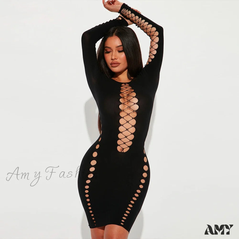 Amy Fashion - Neon Sexy Hollow Out O-Neck Bodycon Dresses
