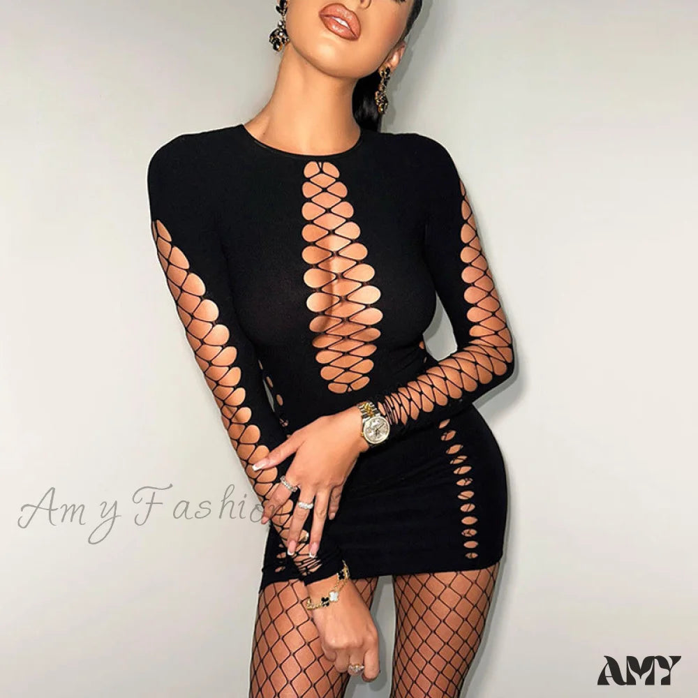 Amy Fashion - Neon Sexy Hollow Out O-Neck Bodycon Dresses