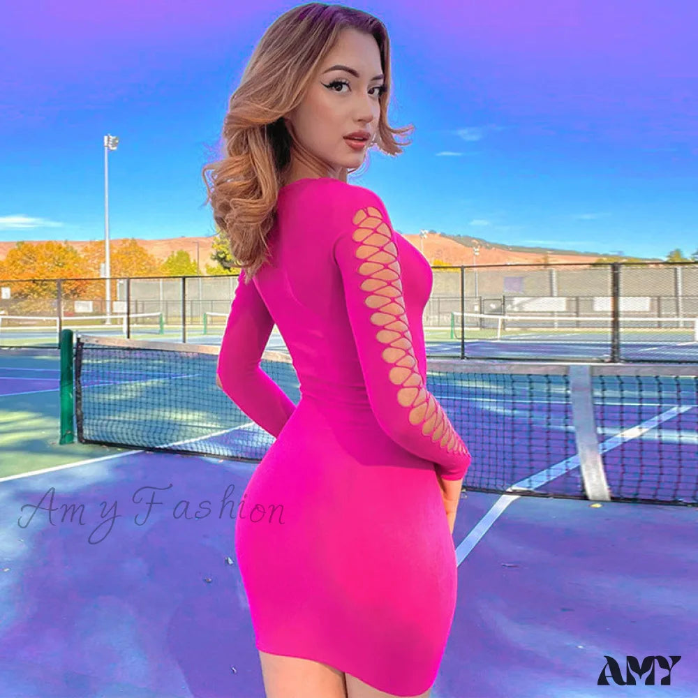 Amy Fashion - Neon Sexy Hollow Out O-Neck Bodycon Dresses