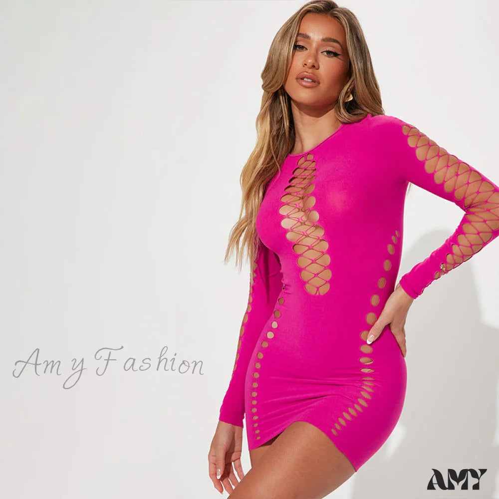 Amy Fashion - Neon Sexy Hollow Out O-Neck Bodycon Dresses