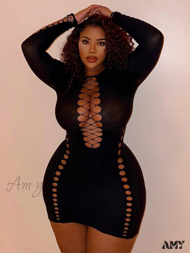 Amy Fashion - Neon Sexy Hollow Out O-Neck Bodycon Dresses Black / S