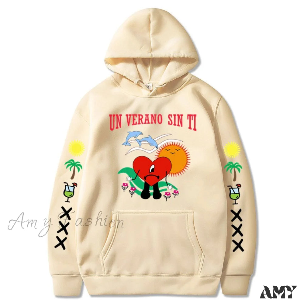 Amy Fashion - New Bad Bunny Printed Hoodie Khaki / Xs