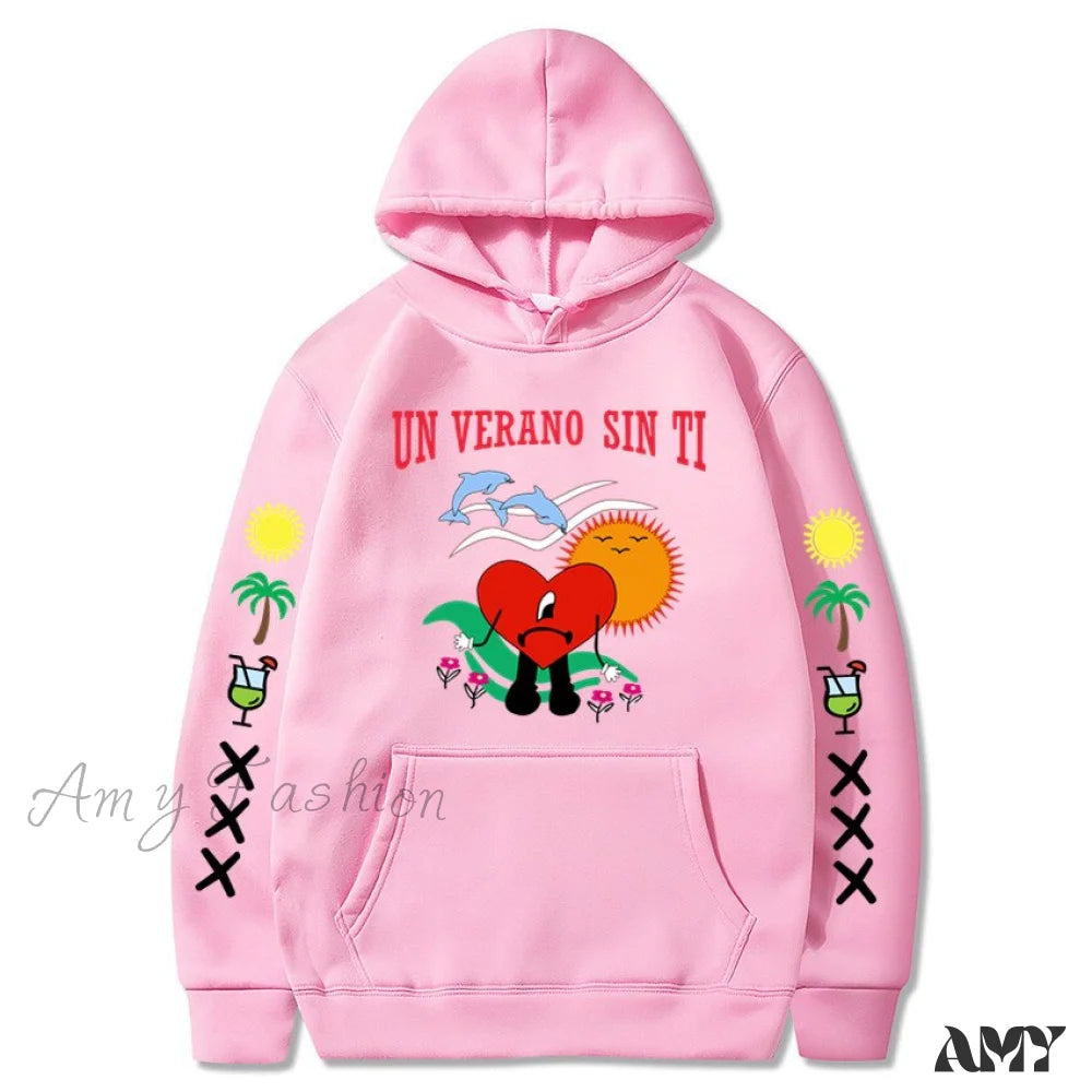 Amy Fashion - New Bad Bunny Printed Hoodie Pink / Xs