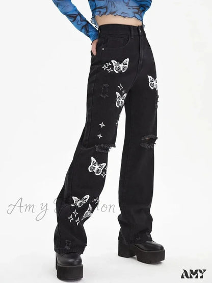 Amy Fashion - New Butterfly Print Ripped High Waist Loose Straight Cotton Streetwear Jean