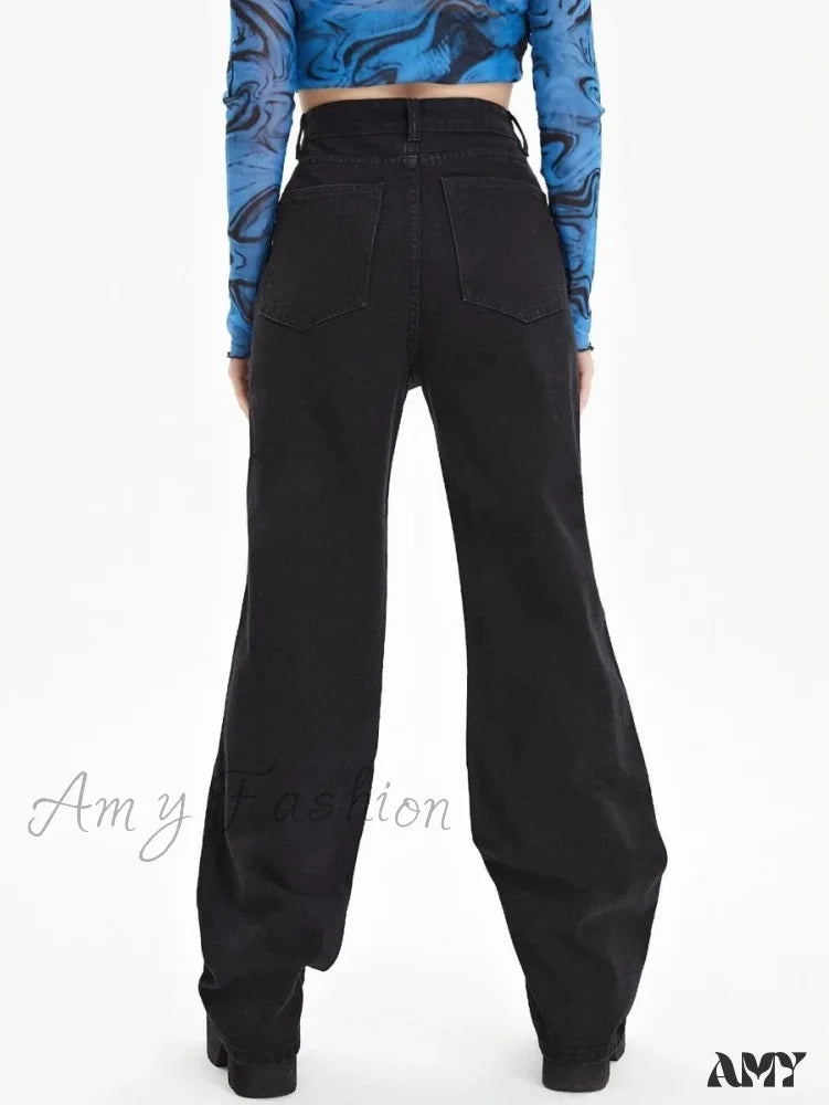 Amy Fashion - New Butterfly Print Ripped High Waist Loose Straight Cotton Streetwear Jean