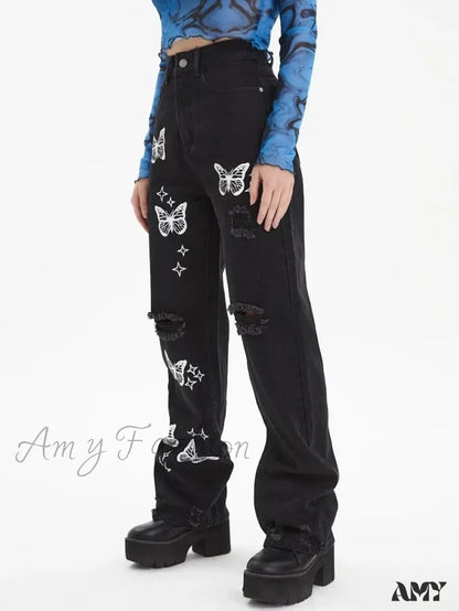 Amy Fashion - New Butterfly Print Ripped High Waist Loose Straight Cotton Streetwear Jean