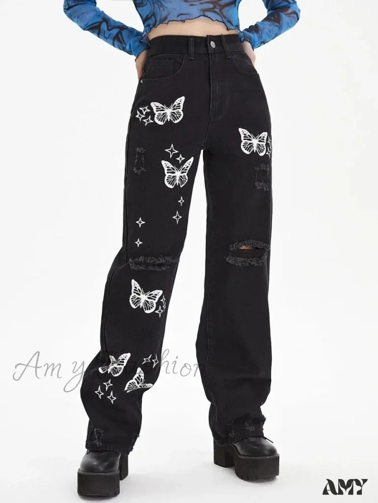 Amy Fashion - New Butterfly Print Ripped High Waist Loose Straight Cotton Streetwear Jean