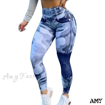 Amy Fashion - New Camouflage Print Skinny Pants Blue / S