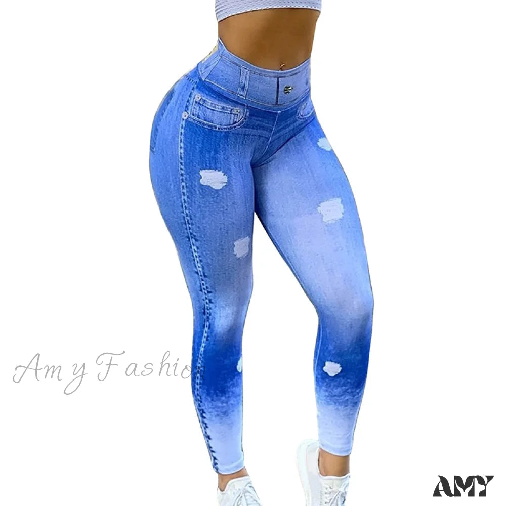 Amy Fashion - New Camouflage Print Skinny Pants Dark Blue / S