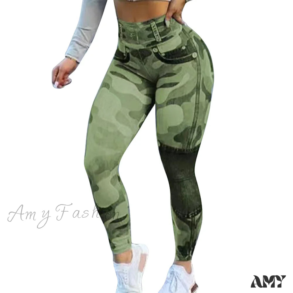 Amy Fashion - New Camouflage Print Skinny Pants Green / S