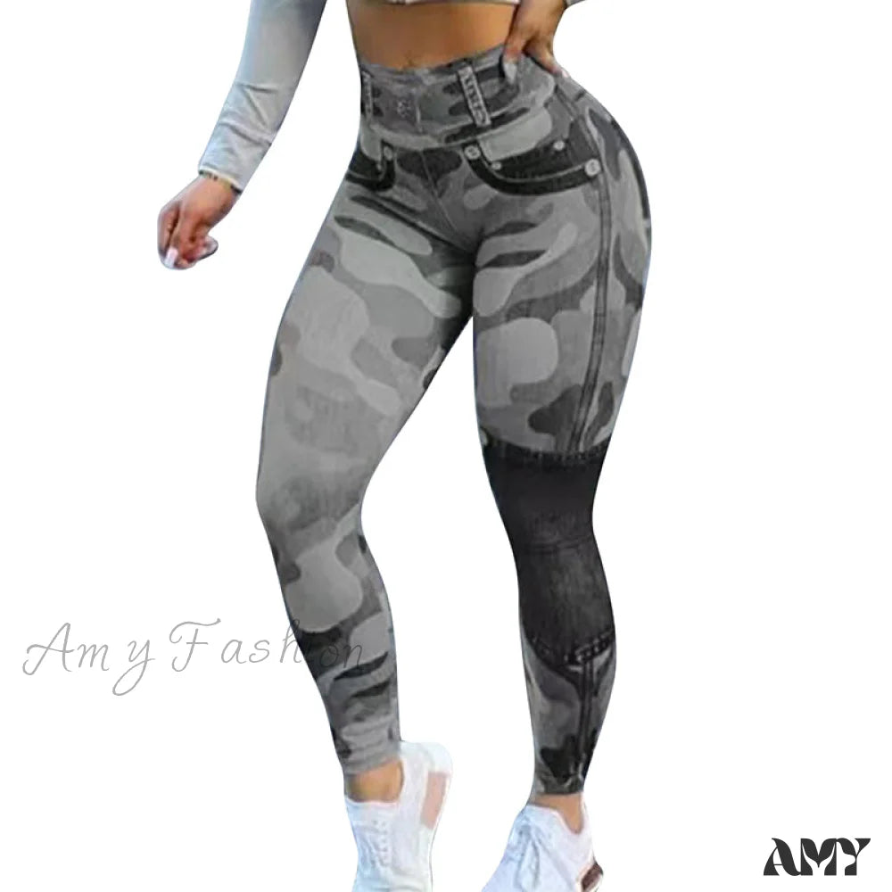 Amy Fashion - New Camouflage Print Skinny Pants Grey / S