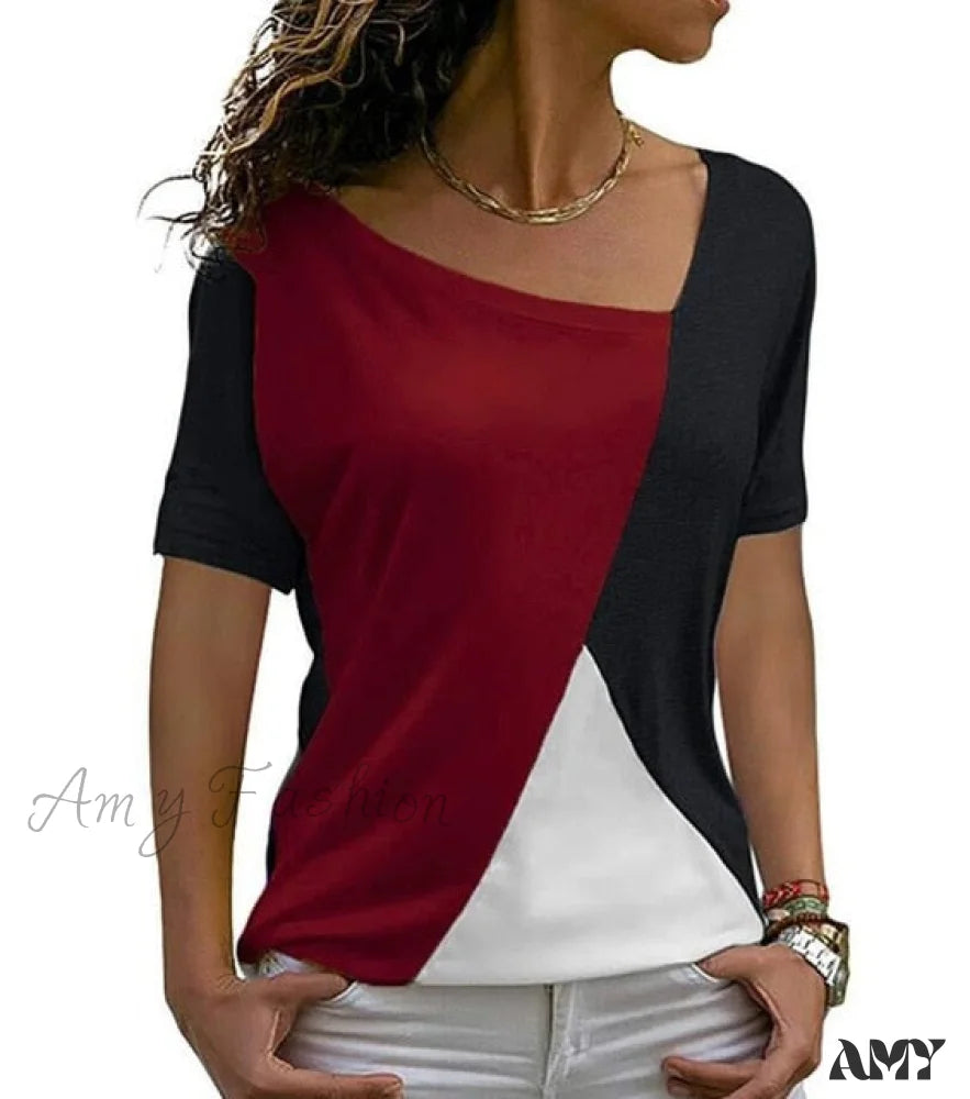 Amy Fashion - New Coming Thin Casual Women T-Shirts 3-9068 Red Black / S