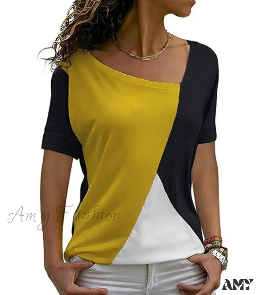 Amy Fashion - New Coming Thin Casual Women T-Shirts 3-9068 Yellow Black / S