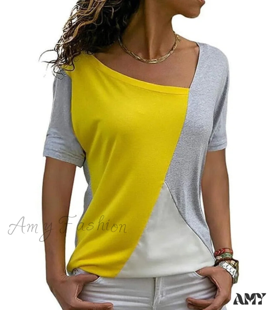 Amy Fashion - New Coming Thin Casual Women T-Shirts 3-9068 Yellow Gray / S