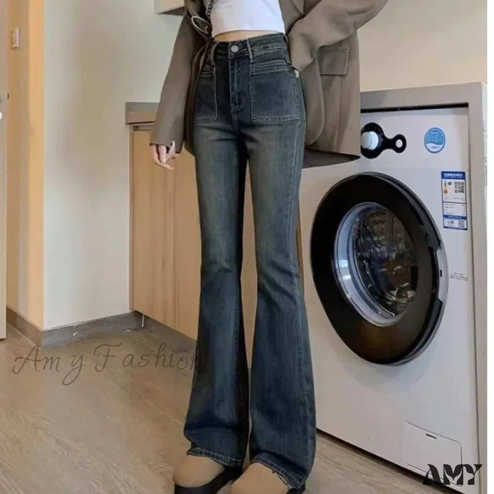 Amy Fashion - New Design Sense High Waist Micro Flared Plush Slim Long Wide Leg Jean