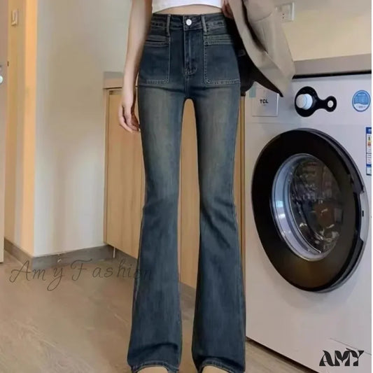 Amy Fashion - New Design Sense High Waist Micro Flared Plush Slim Long Wide Leg Jean