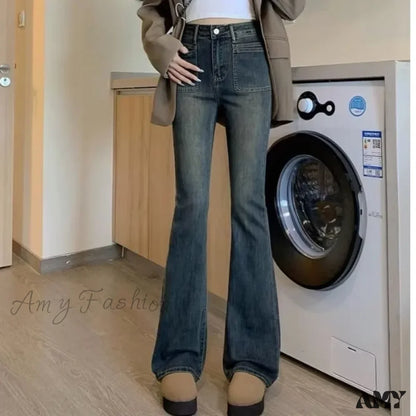 Amy Fashion - New Design Sense High Waist Micro Flared Plush Slim Long Wide Leg Jean Deep Blue-8915