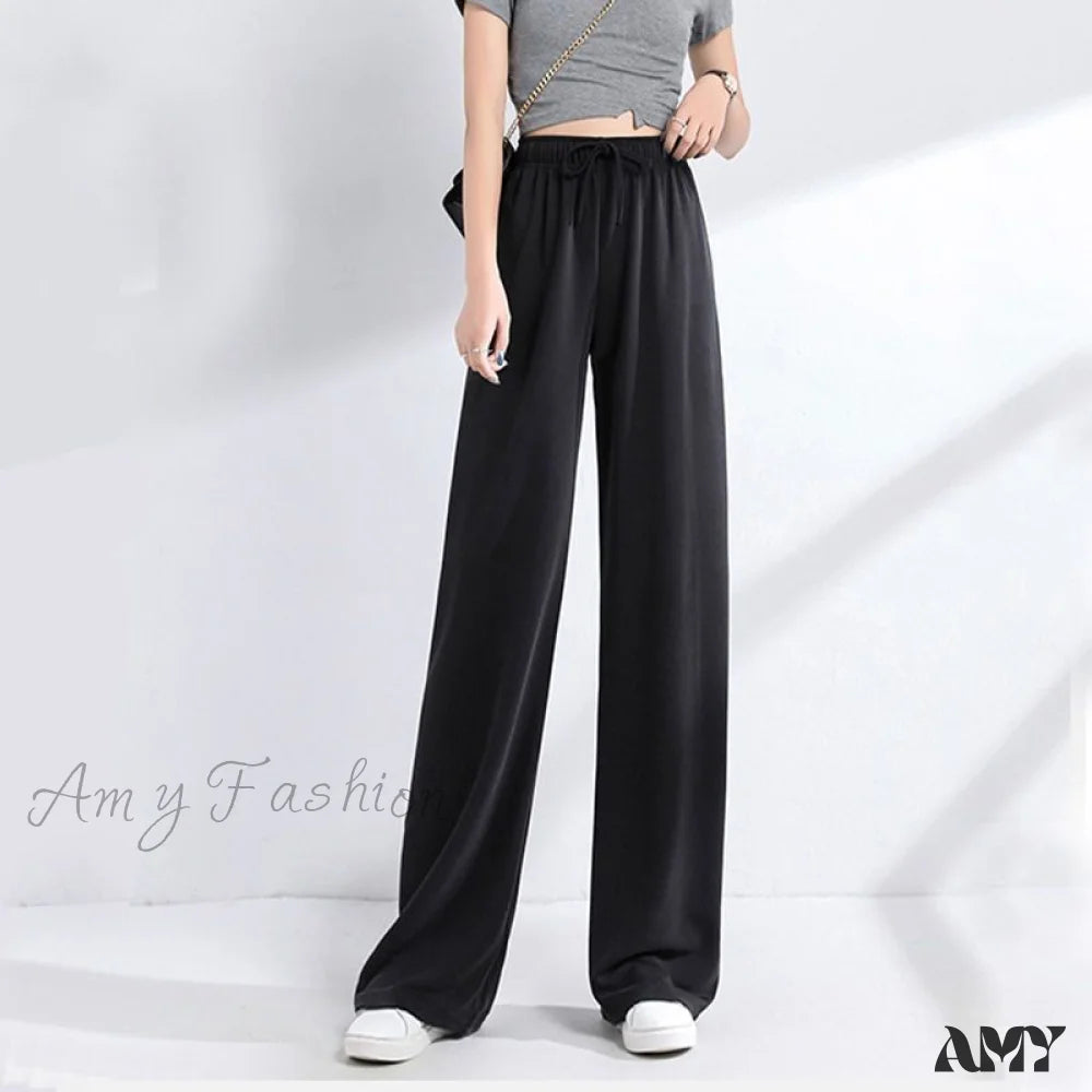 Amy Fashion - New Ladies Ice Silk Light Wide Leg Trousers