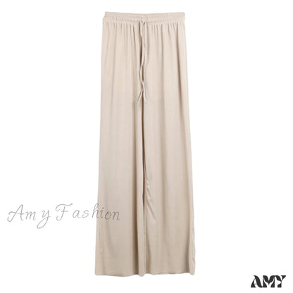 Amy Fashion - New Ladies Ice Silk Light Wide Leg Trousers Apricot / S