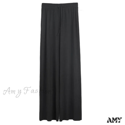 Amy Fashion - New Ladies Ice Silk Light Wide Leg Trousers Black / S