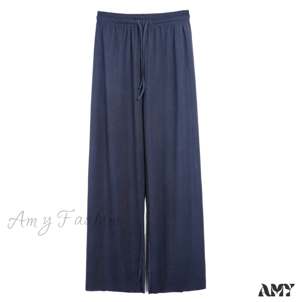 Amy Fashion - New Ladies Ice Silk Light Wide Leg Trousers Blue / S